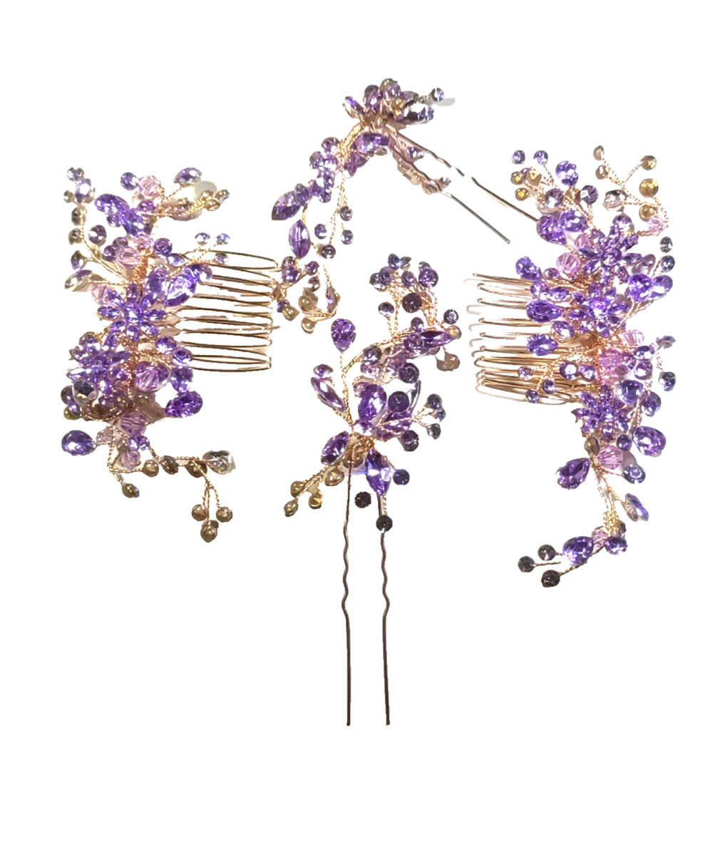 Barrettes Hair Picks And Combs Gold Tone Purple Rhinestone Fancy Party Prom...